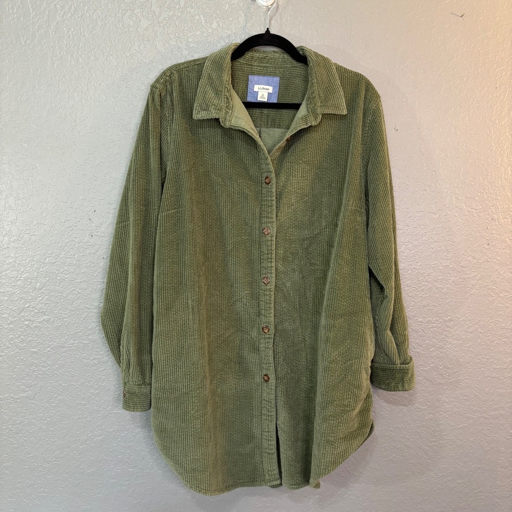 LL Bean Corduroy Button Down Shirt Olive Green Cotton Wide Wale 516062 XL
